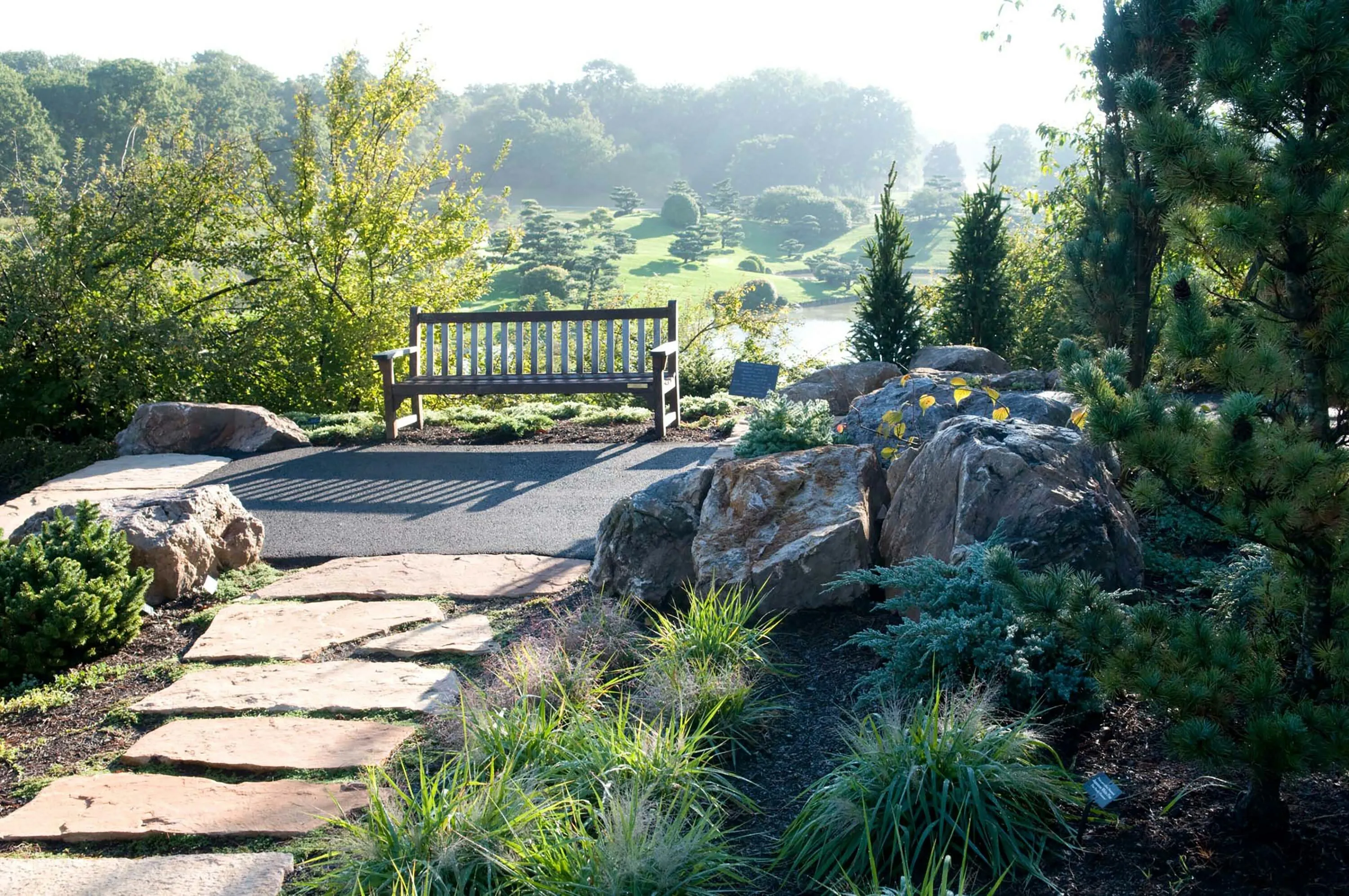 6 bench stone path cbg dwarf conifer garden hoerrschaudt